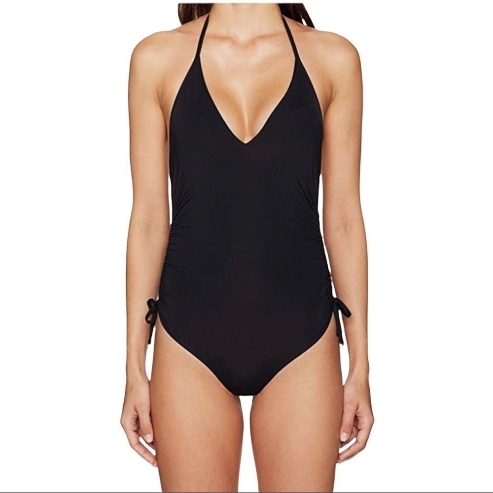 NWT SeaFolly One Piece Ruched Side Deep V Flattering Black Swimsuit Size 4​